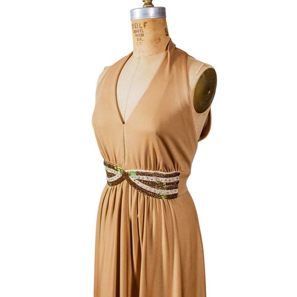 VTG 70s Lee Jordan Halter Maxi Dress Tan Rhinestone Evening Gown, Glam Disco M L - Picture 2 of 16